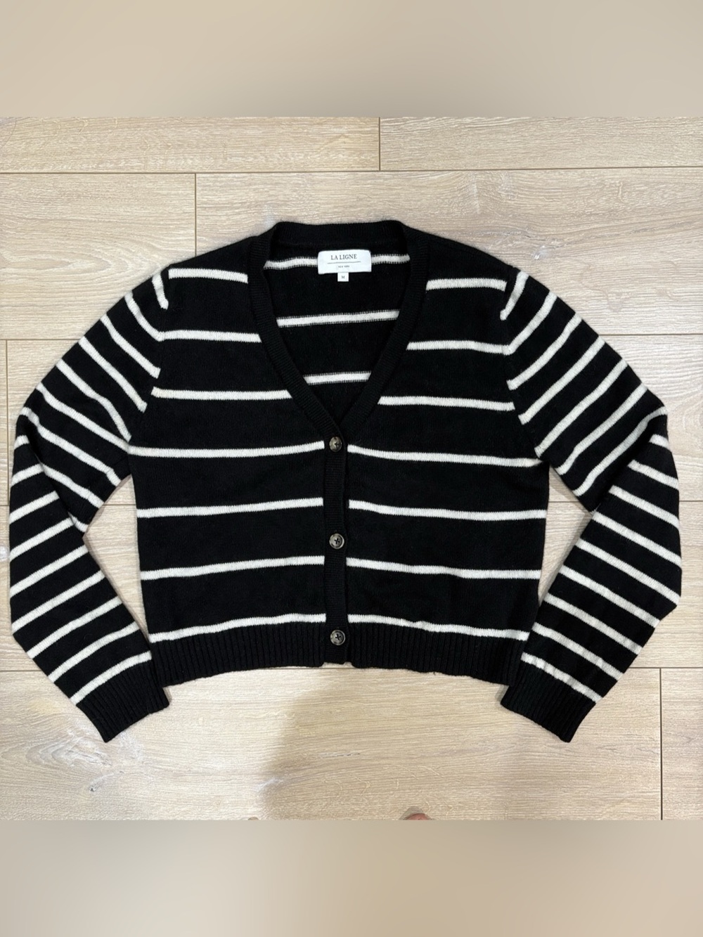 La Ligne 100% Cashmere Striped Cropped Cardigan Sweater Black White M